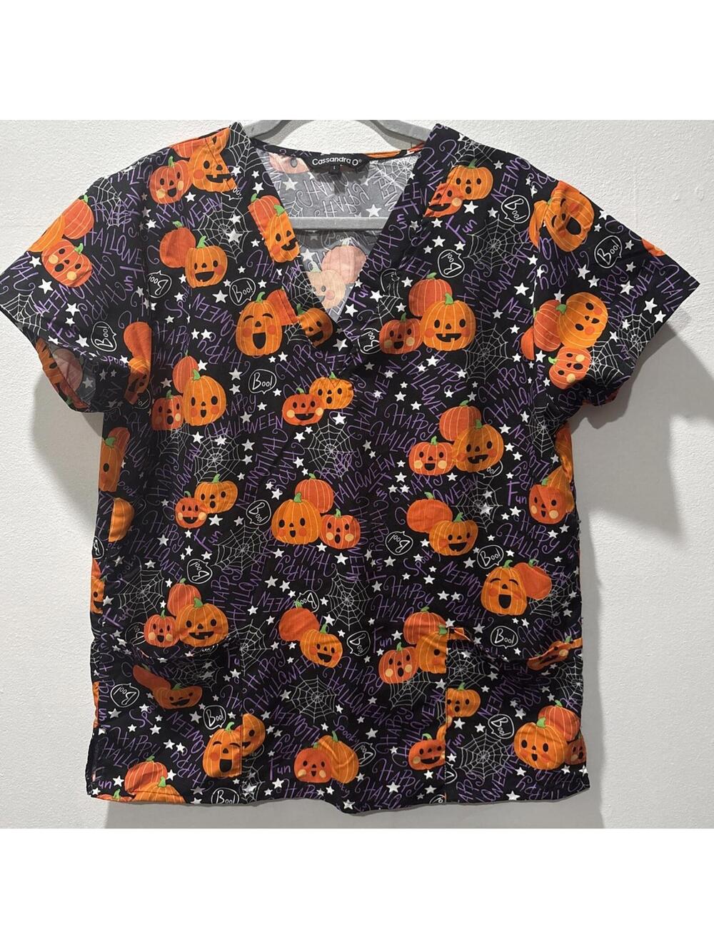 Cassandra O Halloween Pumpkin Print Scrub Top Black Large Fun Medical Shirt